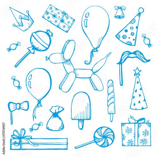 Balloons and gifts hand drawn. Vector illustration in a sketch style