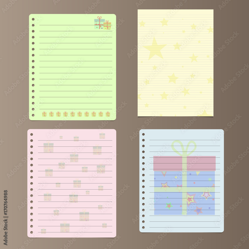 Set of ruled notebook paper sheets with stars and Christmas gift box designs on brown background