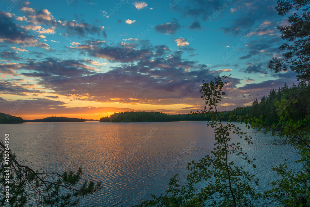 Beautiful sunset on a lake in Karelia.