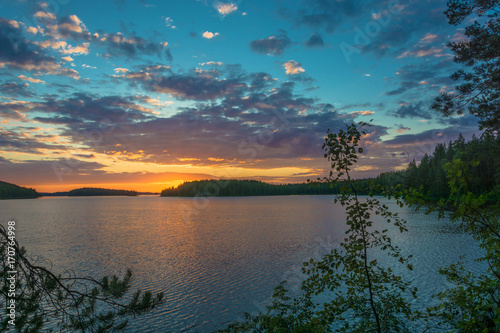 Fototapeta Naklejka Na Ścianę i Meble -  Beautiful sunset on a lake in Karelia.