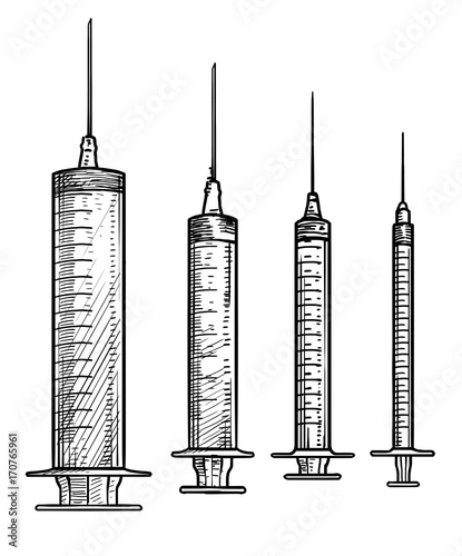 Syringe illustration, drawing, engraving, ink, line art, vector