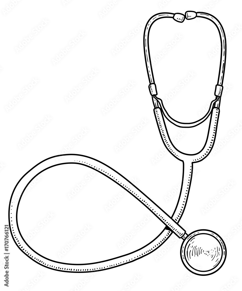 Stethoscope illustration, drawing, engraving, ink, line art, vector