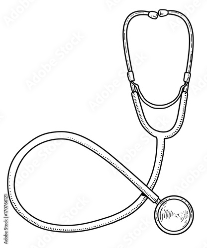 Stethoscope illustration, drawing, engraving, ink, line art, vector
