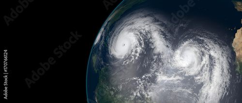 Fototapeta Naklejka Na Ścianę i Meble -  Extremely detailed and realistic high resolution 3d illustration of 3 hurricanes approaching the Caribbean Islands and Florida. Shot from Space. Elements of this image are furnished by Nasa.