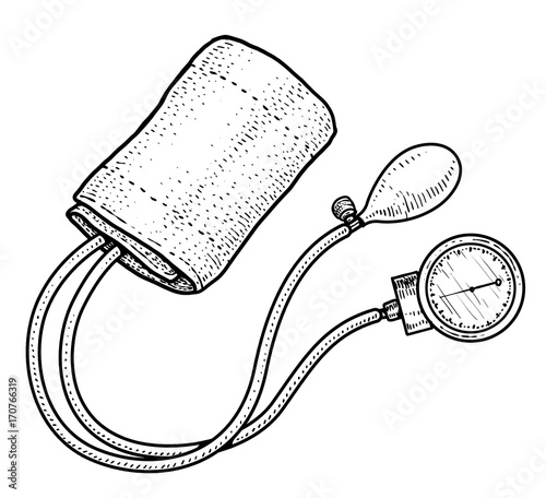 Blood pressure meter illustration, drawing, engraving, ink, line art, vector
