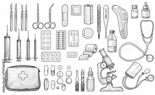 Medical tool collection illustration, drawing, engraving, ink, line art, vector
