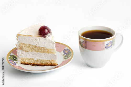 biscuits cake on plate and coffee cup on white background