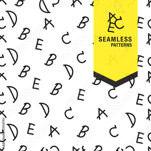 English alphabet Retro memphis pattern- seamless background. Fashion 80-90s. Black and white mosaic texture. It can be used in printing packaging, website backdrop and fabric design.
