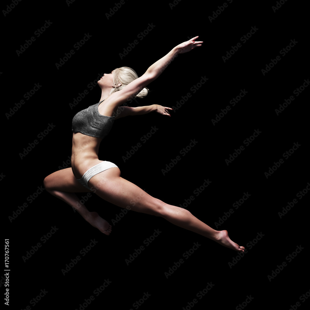 Athletic female leaping into the air with a black background. Symbolism of strength , power and beauty  . 3d rendering 