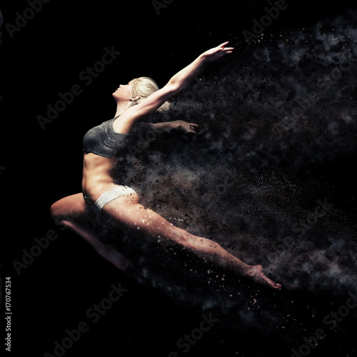 Athletic female leaping into the air with a black background. Symbolism of strength , power and beauty  . 3d rendering with dispersion effect. photo