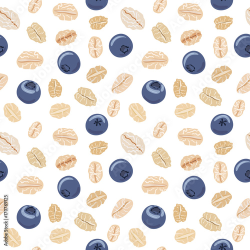 Seamless pattern with oat flakes and blueberries on white. Vector seamless pattern, hand drawn illustration. Oat flakes and blueberry background.