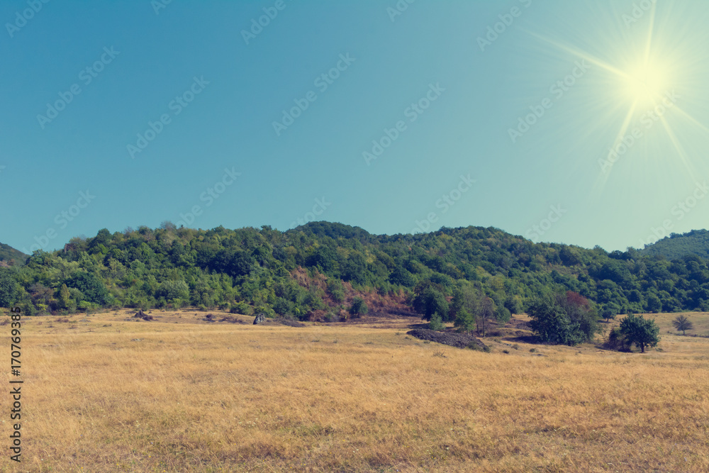 Summer landscape with dry grass and green hills a beautiful blue sky and a shining sun