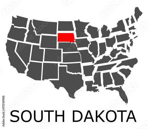 Bordering map of USA with State of South Dakota marked with red color.