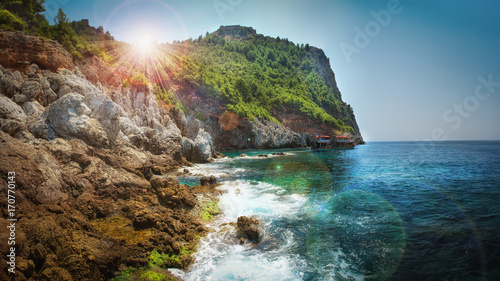 Mountains and sea scenery with blue sky, Turkey.