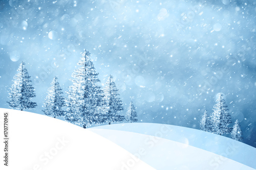 Magic winter snowfall landscape with snowy trees on the hills. Christmas and New Year holiday greeting card illustration background.
