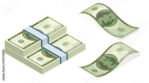 Isometric vector packages of banknotes. Hundreds of american dollars isolated on white background illustration. Every denomination of US currency note. Back sides of money bills