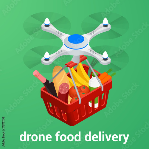 E-commerce concept order food online website. Drone delivery healthy food online service. Flat isometric vector illustration. Can be used for advertisement, infographic, game or mobile apps icon