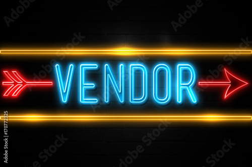 Fényképezés Vendor  - fluorescent Neon Sign on brickwall Front view