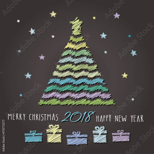 Merry Christmas and Happy New Year 2018 background. Christmas tree and present boxes drawn with colorful crayons on chalkboard. Sketch design.