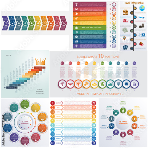 Set 8 universal templates elements Infographics conceptual cyclic processes for 10 positions