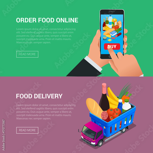 Banners for web site online food order, food delivery and drone delivery. Online shopping concept. Isometric vector illustration