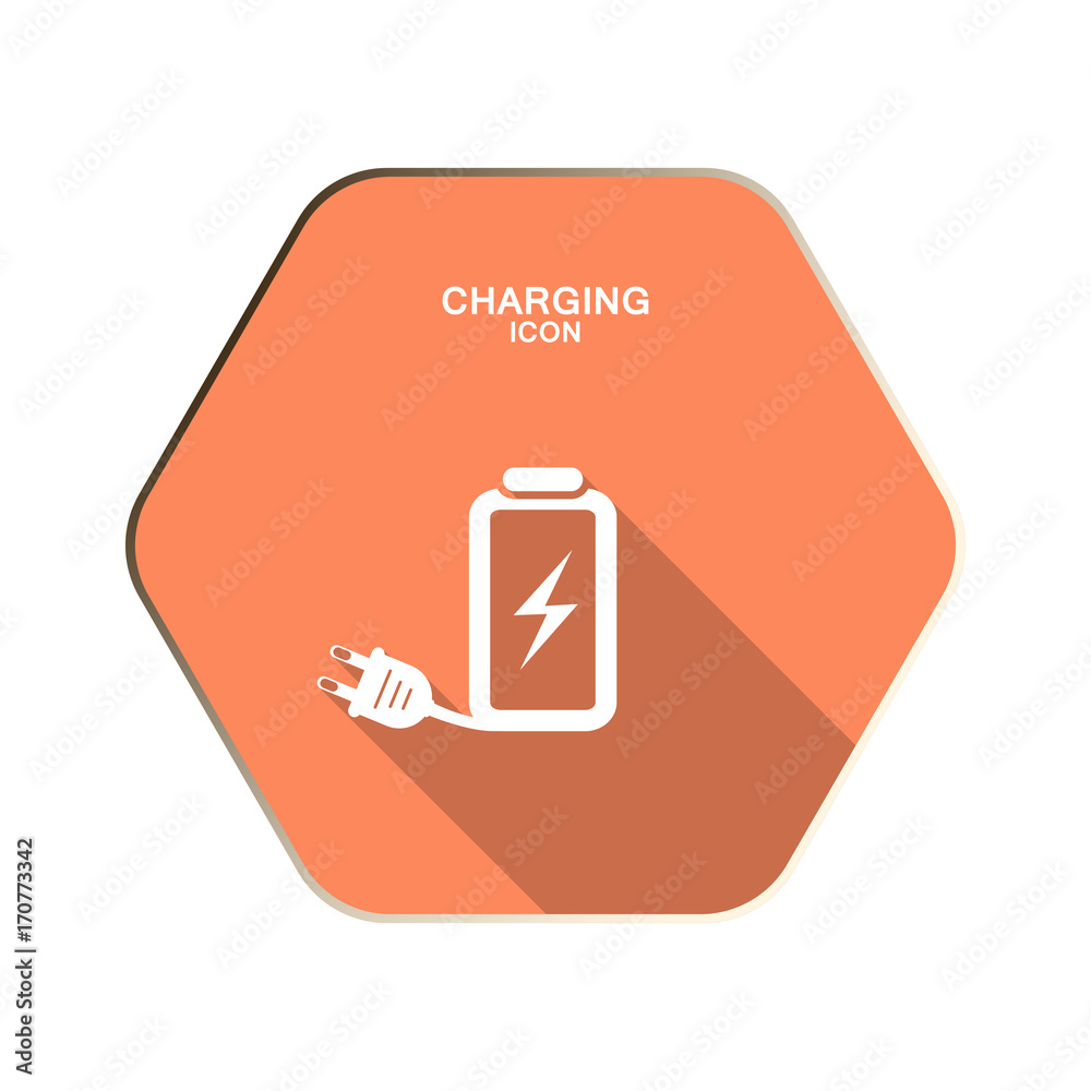Vector Charging icon with lightning on the red hexagon background with shadow.