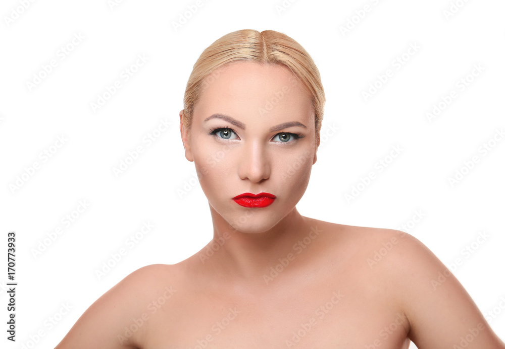 Young woman with bright makeup isolated on white Young woman with bright makeup isolated on white