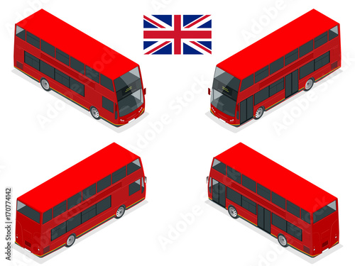 Isometric set of London double decker Red bus. United Kingdom vehicle icon set. 3D flat vector illustration