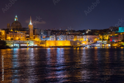 Valletta at night. View from Sliema. Malta