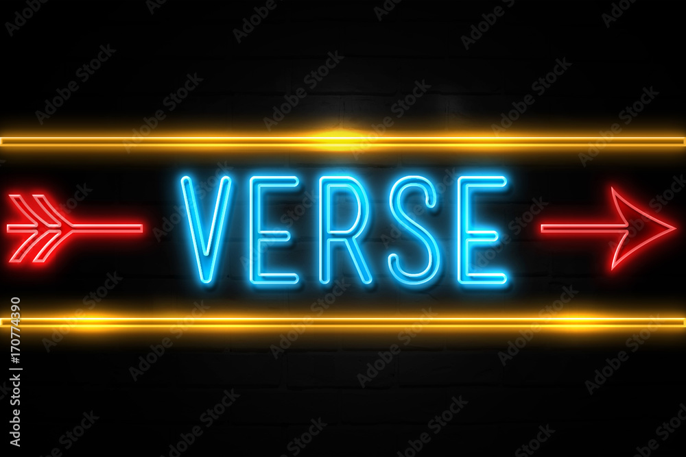 Verse  - fluorescent Neon Sign on brickwall Front view