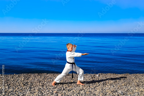 Тренировка мальчика на пляже на море: тхэквондо, спорт