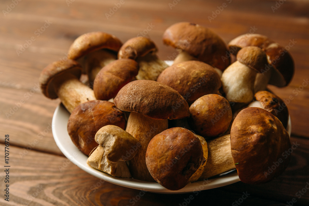 Plate with Porcini Mushrooms on wooden background Plate with Porcini Mushrooms on wooden background
