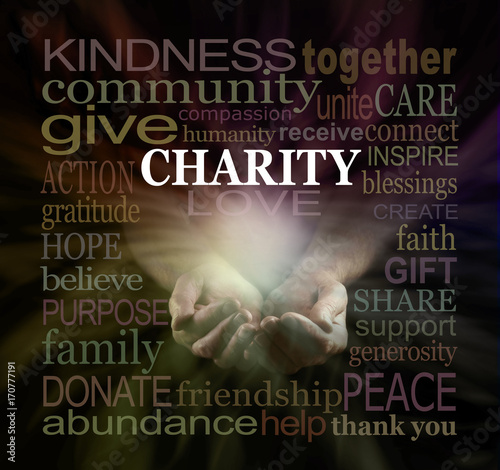 Help our Charity Fundraising campaign - male cupped hands emerging from black background surrounded by a warm colored CHARITY word cloud