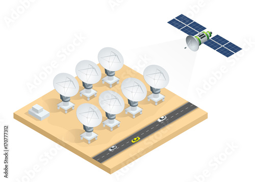 Isometric group of radio telescopes, satellite dish antennas transmission data broadcasting vector illustration isolated on white background