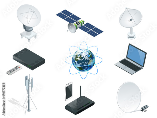 Isometric Wireless Technology and Global communication icons towers satellite antennas radio telescope router and Earth orbit space station GPS satellite isolated vector illustration World global net