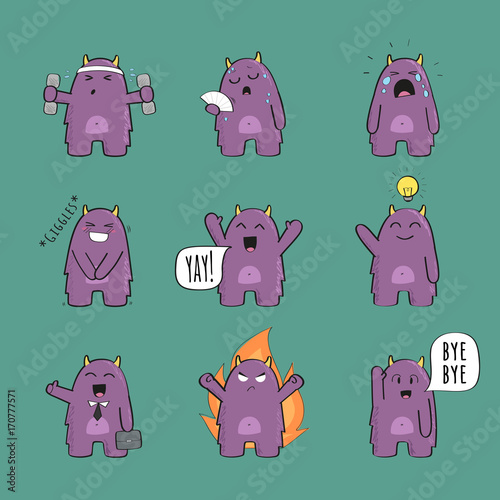 Set of cute monster character in various poses and with various emotions