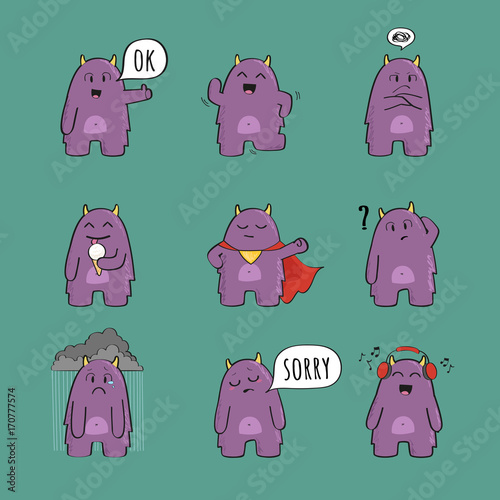 Set of cute monster character in various poses and with various emotions