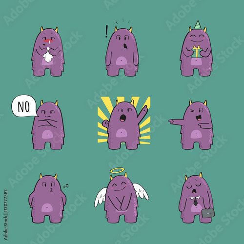 Set of cute monster character in various poses and with various emotions