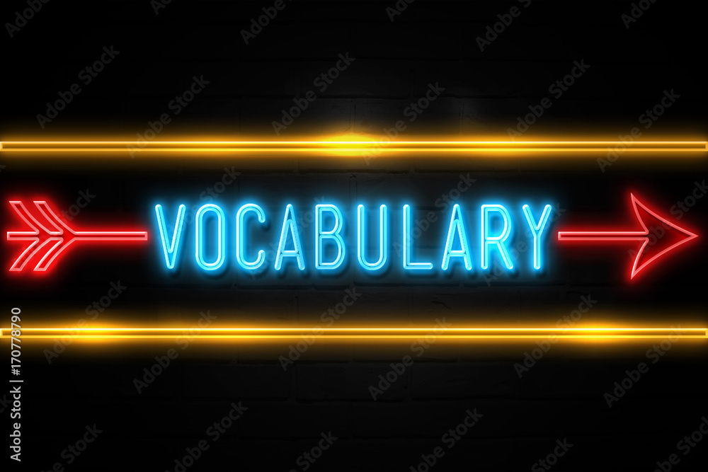 Vocabulary  - fluorescent Neon Sign on brickwall Front view