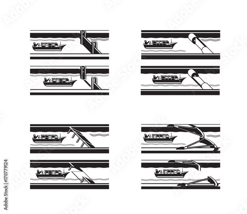 Cargo ship passing different sea barriers - vector illustration