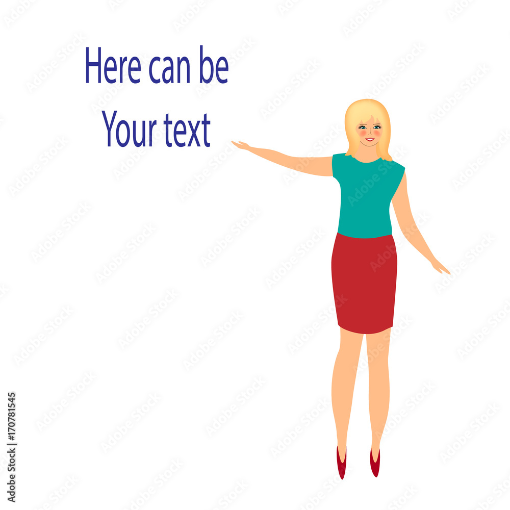 Girl advertises the product. Woman shows up on the text. Lorem ipsum, template. Flat icon. Vector illustration 