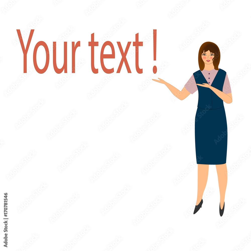 Girl advertises the product. Woman shows up on the text. Lorem ipsum, template. Flat icon. Vector illustration Girl advertises the product. Woman shows up on the text. Lorem ipsum, template. Flat icon. Vector illustration