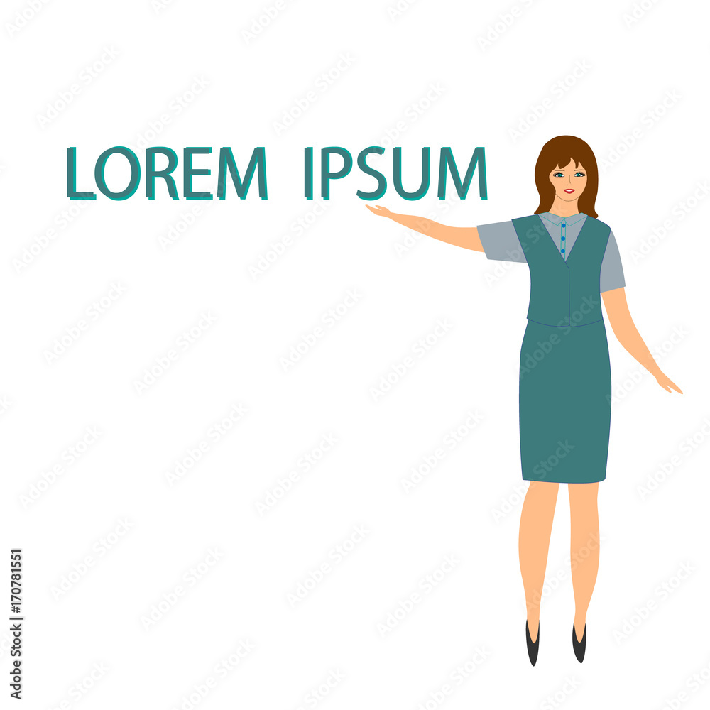 Girl advertises the product. Woman shows up on the text. Lorem ipsum, template. Flat icon. Vector illustration Girl advertises the product. Woman shows up on the text. Lorem ipsum, template. Flat icon. Vector illustration