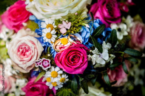 wedding flowers and rings