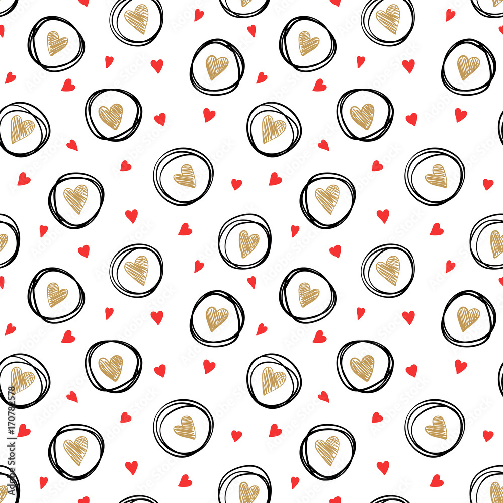 beautiful monochrome gold, red, black and white seamless pattern with doodling sketch heart. design for holiday greeting card and invitation of the wedding, Valentine's day and Happy love day.