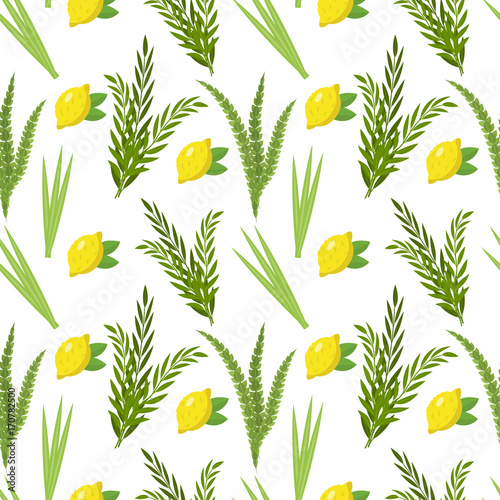 Happy Sukkot seamless pattern. Jewish holiday huts endless background. Repeating texture with etrog, lulav, Arava, Hadas. Vector illustration