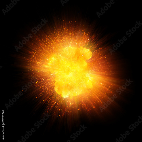 Fototapet Realistic fire explosion, orange blast with sparks isolated on black background