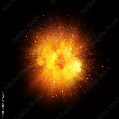 Realistic fire explosion, orange blast with sparks isolated on black background