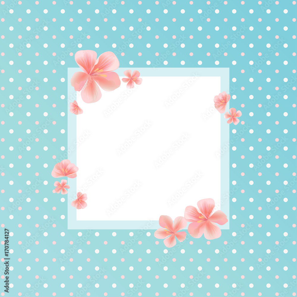 Flying Pink Sakura flowers isolated on Green dotted background. Apple-tree flowers. Square Frame Cherry blossom. Vector EPS 10, cmyk