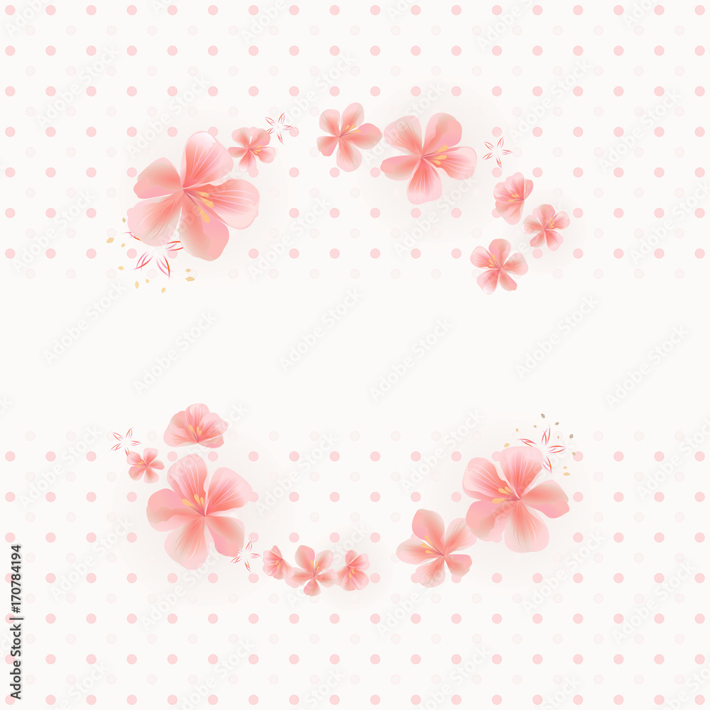 Flying Pink Sakura flowers isolated on Beige Pink dotted background. Apple-tree flowers. Frame Cherry blossom. Vector